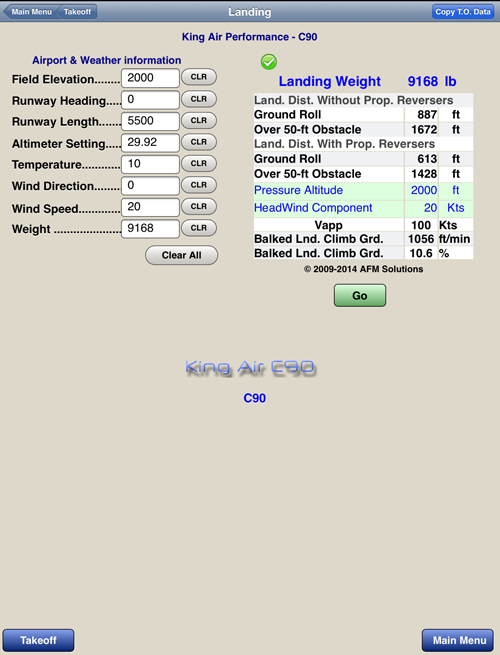 AFM Solutions, King Air C90 Landing Performance Software