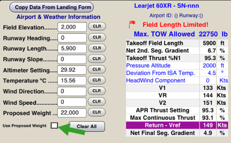 Learjet LR60XR Takeoff Performance App