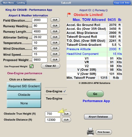 King Air Performance App - Takeoff Obstacle Clearance